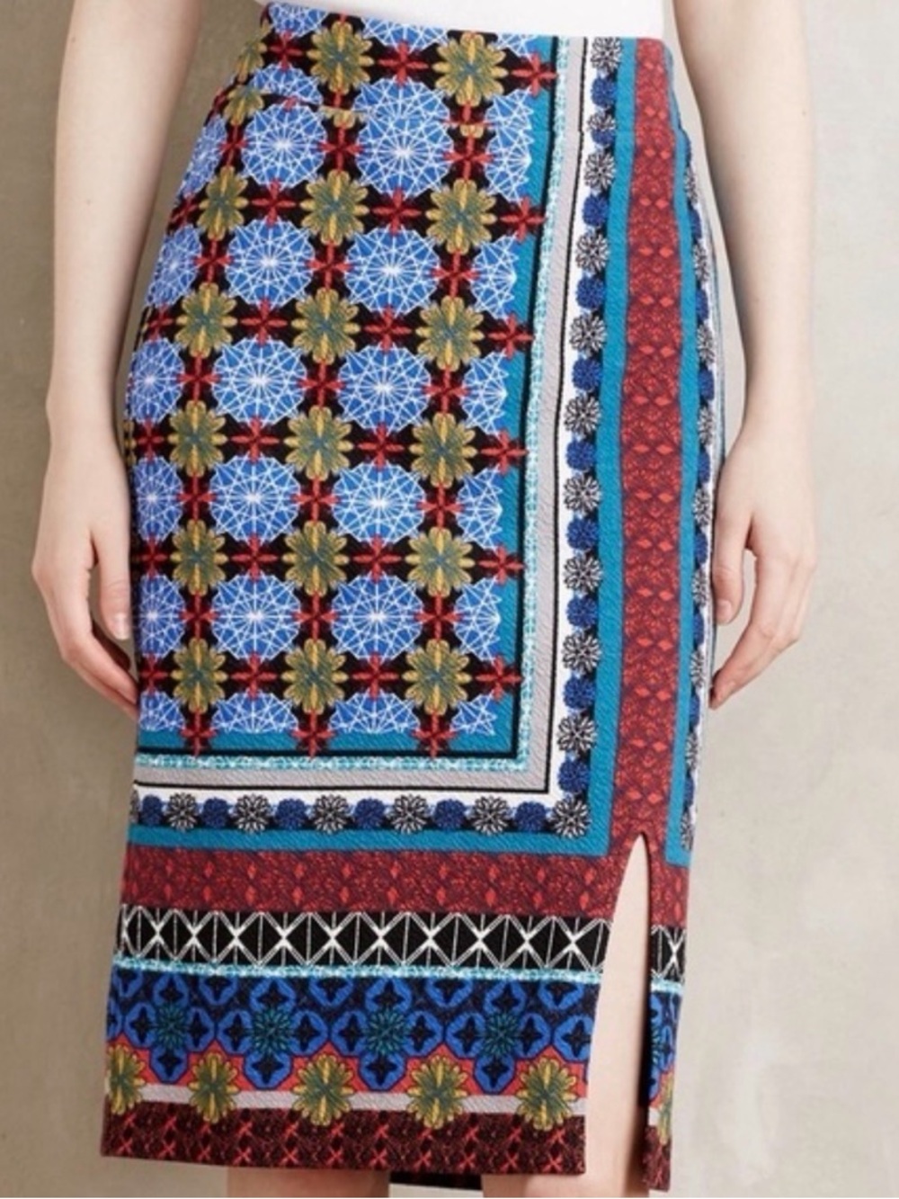 Anthropologie Maeve tearoom Blue Red Cream Geo-Print Skirt - Picture 2 of 7